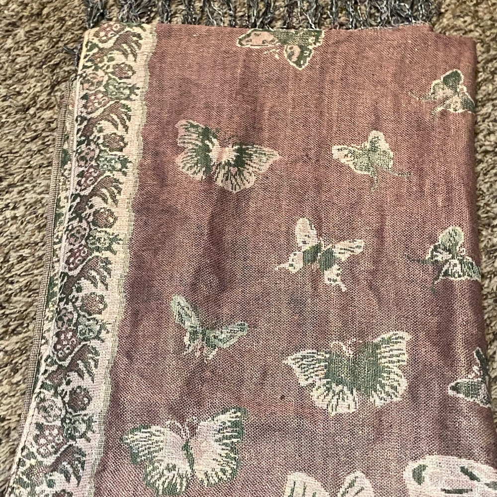 Butterfly Print Pashmina Scarf – Mauve & Sage Green – Fringe Trim